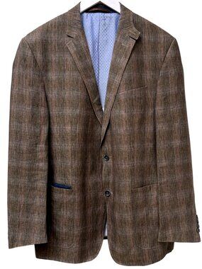 Carl Gross Linen Blazer Mens 46R Brown Glen Plaid Sport Coat Jacket